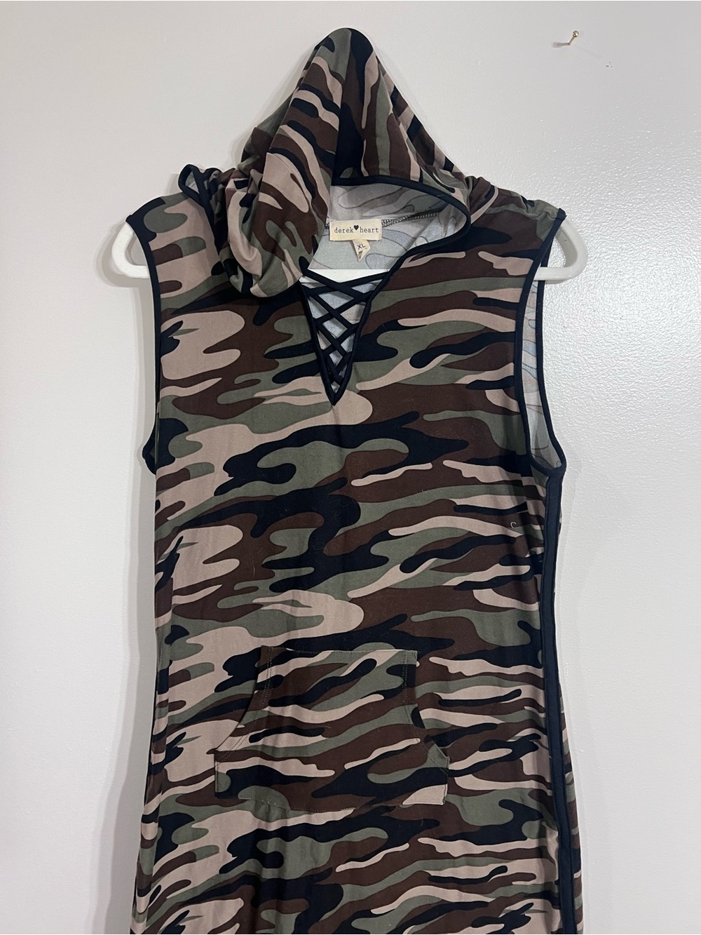 Derek Heart Sleeveless Camouflage Hooded Dress with Lace-Up V-Neck